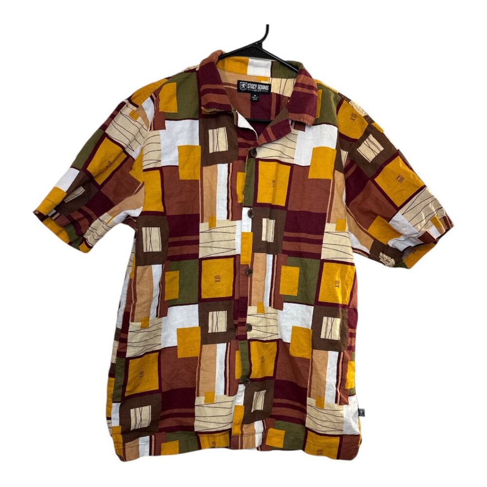 Stacy Adams Men's Medium Linen Blend Geometric Button-Down Shirt Multicolor